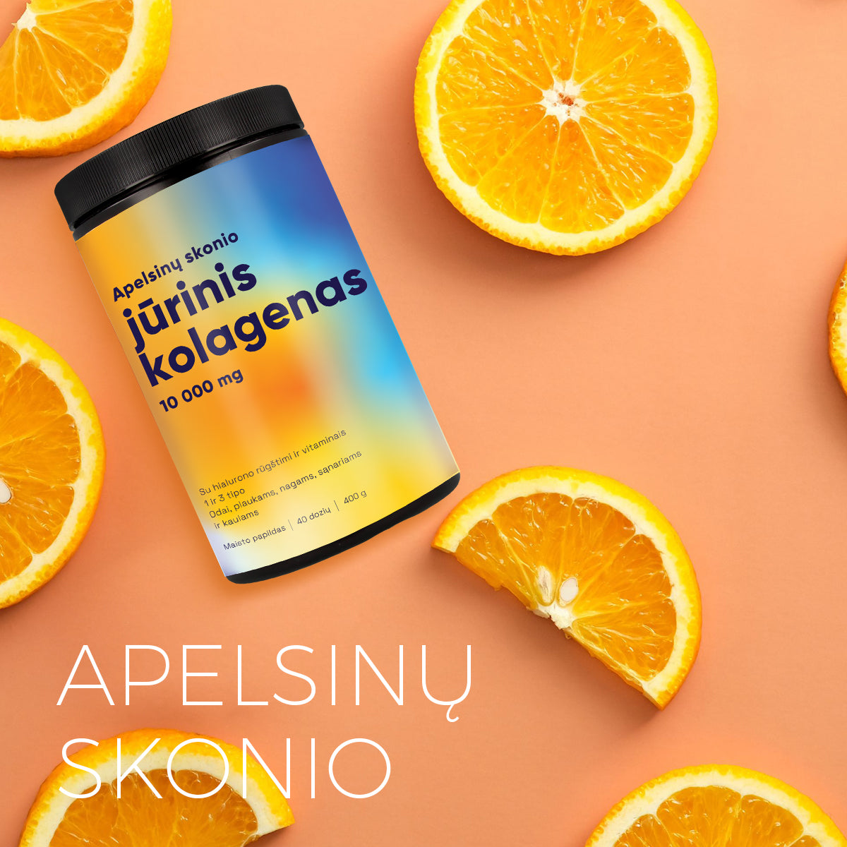 Melior 10000mg Natūralus Jūrinis kolagenas Apelsinų skonio su hialurono rūgštimi ir vitaminais, 400g.